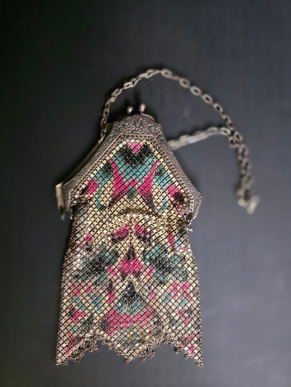 Vintage Metal Mesh Clutch Purse in Pink, Teal & Gold